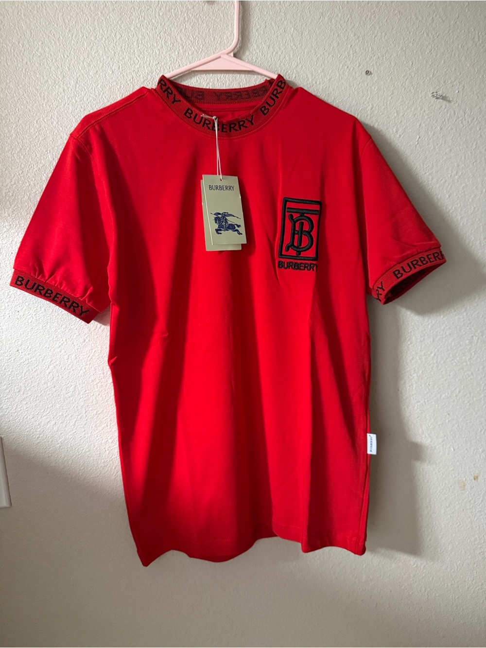 Burberry Red Short-Sleeve Logo Trim Men’s Tee - Picture 3 of 6